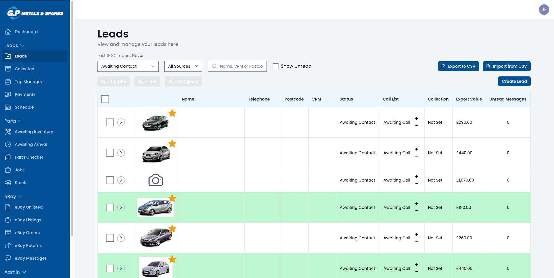 The dashboard shows a table of collected leads from all sources. Sensitive information has been hidden here for privacy purposes.