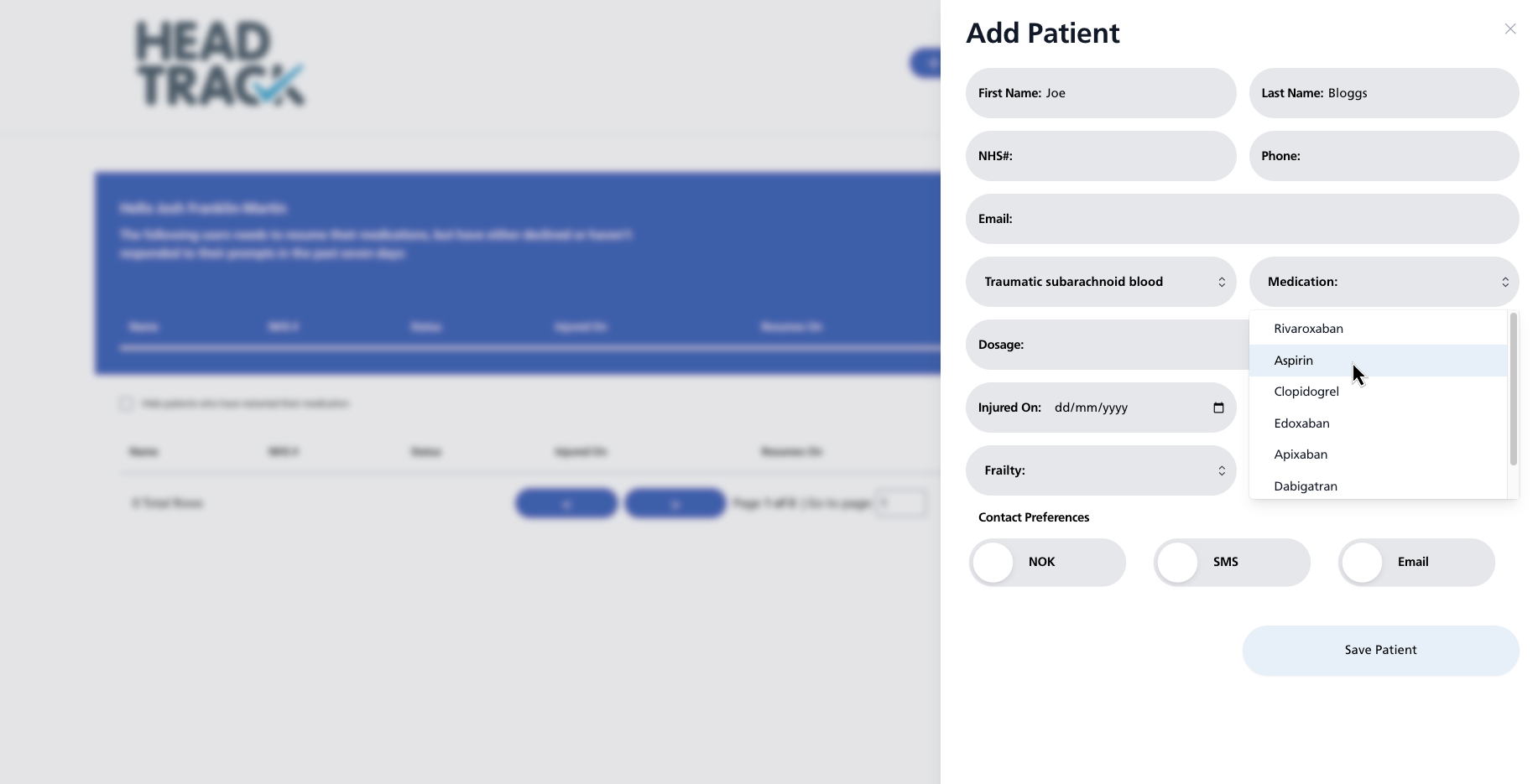 A snippet of what NHS staff see when they add patient details into the system.